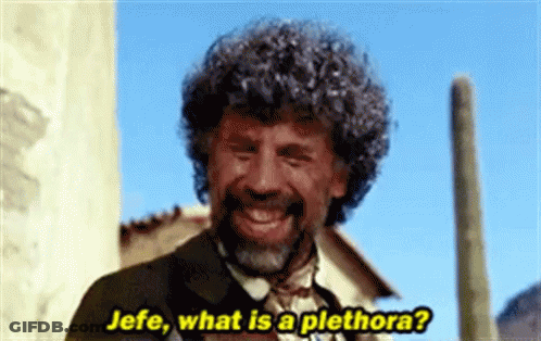 A Man With Curly Hair And A Beard Is Smiling And Asking Jefe What Is A Plethora ? GIF