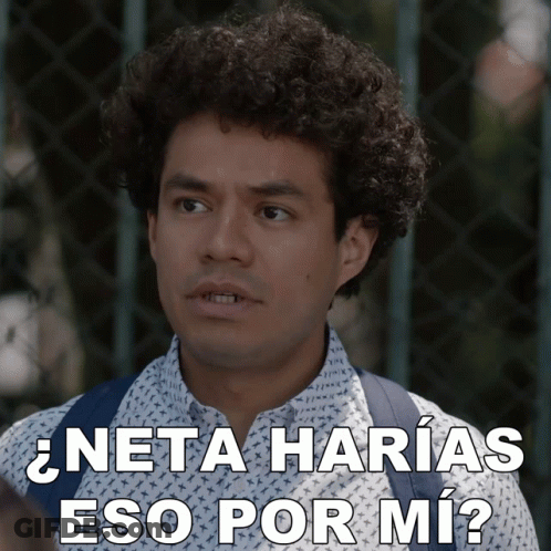 A Man With Curly Hair Has The Words " Neta Harias Eso Por Mi " Above His Head GIF