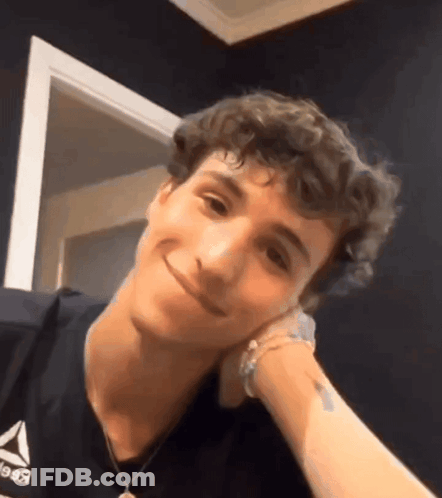A Man With Curly Hair Is Smiling With His Hand On His Chin . GIF