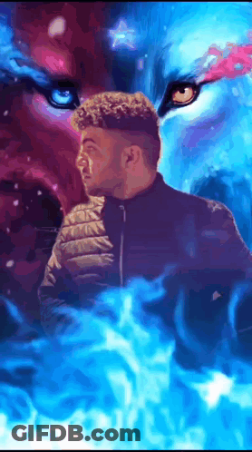 A Man With Curly Hair Is Standing In Front Of A Painting Of A Wolf With Blue Eyes GIF