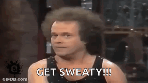 A Man With Curly Hair Is Wearing A Black Tank Top And Saying Get Sweaty . GIF