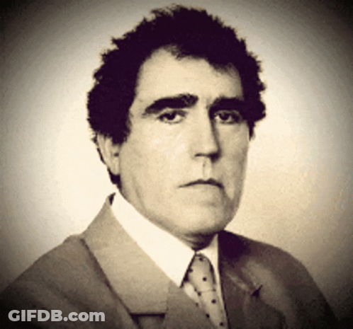 A Man With Curly Hair Wearing A Suit And Tie Looks At The Camera GIF