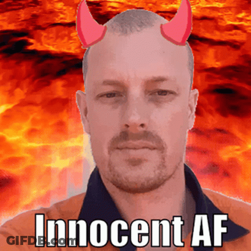 A Man With Devil Horns And The Word Innocent Af GIF