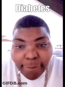 A Man With Diabetes Is Making A Funny Face While Wearing A White Shirt And A Chain . GIF