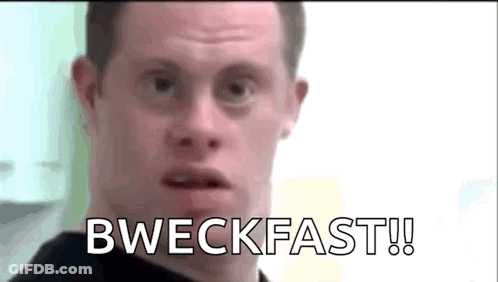 A Man With Down Syndrome Is Making A Funny Face And Says Bweckfast ! GIF