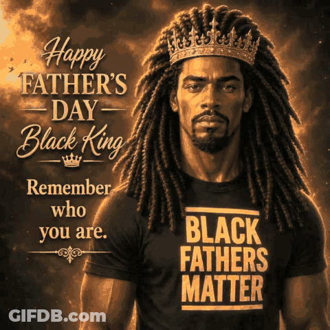 A Man With Dreadlocks And A Crown On His Head Is Wearing A Shirt That Says Black Fathers Matter GIF