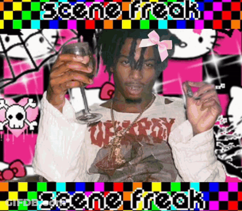 A Man With Dreadlocks And A Pink Bow On His Head Is Holding A Glass Of Wine GIF