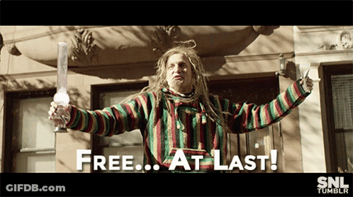 A Man With Dreadlocks Is Holding A Bong And Says Free At Last On The Screen GIF