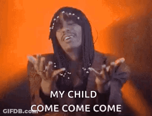 A Man With Dreadlocks Is Holding His Hands Up In The Air And Says `` My Child Come Come Come '' . GIF