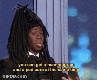 A Man With Dreadlocks Is Saying You Can Get A Mammogram And A Pedicure At The Same Time . GIF