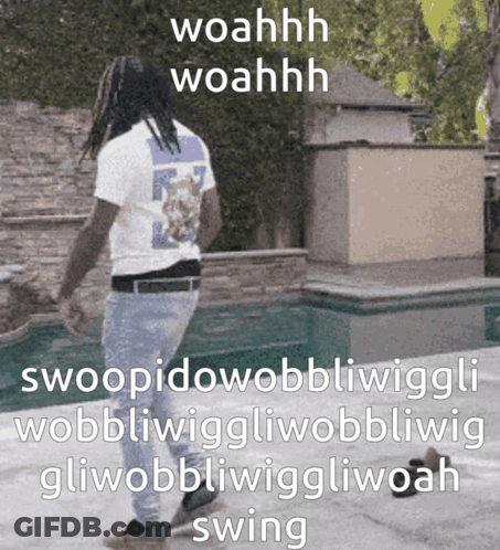 A Man With Dreadlocks Is Standing In Front Of A Pool And Says Woahhh GIF