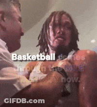 A Man With Dreadlocks Is Talking To Another Man With The Words Basketball Written On The Bottom GIF