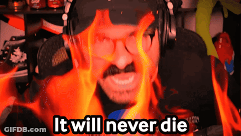 A Man With Flames Coming Out Of His Head And The Words " It Will Never Die " GIF