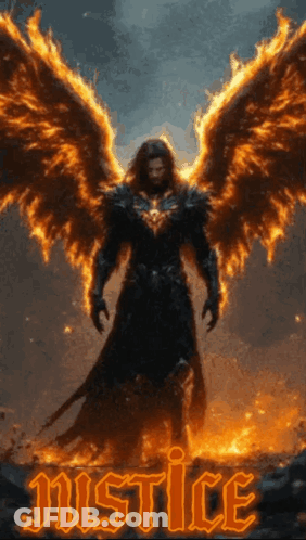 A Man With Flaming Wings And The Word Justice Written Below Him GIF