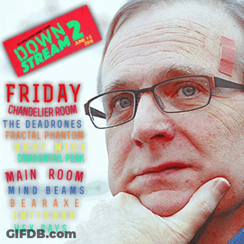 A Man With Glasses And A Bandage On His Forehead Is On The Cover Of A Poster For Downstream 2 GIF