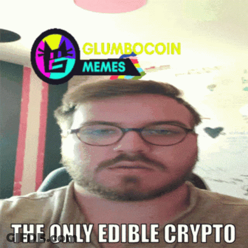 A Man With Glasses And A Beard Has The Words " The Only Edible Crypto " On His Face GIF