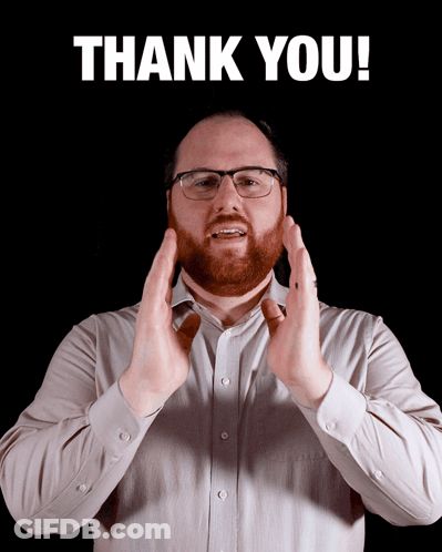 A Man With Glasses And A Beard Is Clapping In Front Of A Black Background That Says Thank You GIF