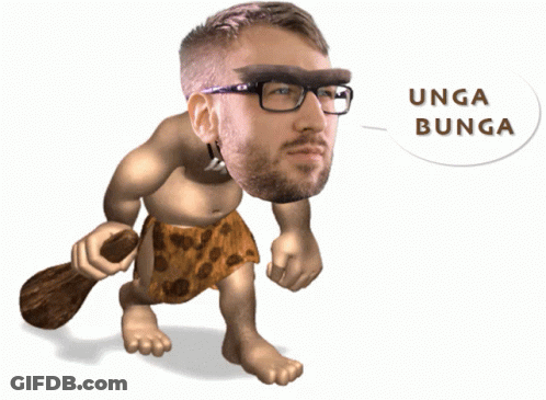 A Man With Glasses And A Beard Is Holding A Stick And Says Unga Bunga GIF