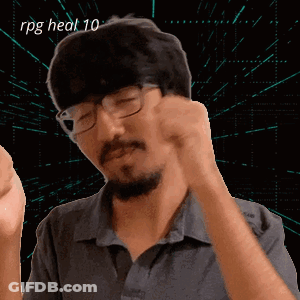 A Man With Glasses And A Beard Is Making A Funny Face With The Words Rpg Heal 10 Behind Him GIF