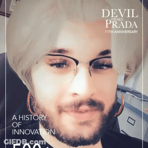 A Man With Glasses And A Beard Is On A Devil Wears Prada Poster GIF
