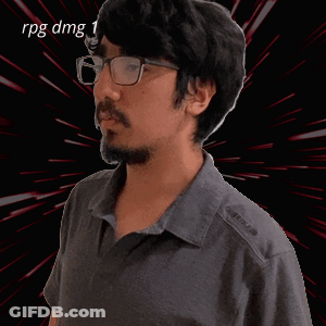 A Man With Glasses And A Beard Is Standing In Front Of A Black Background That Says Rpg Dmg GIF