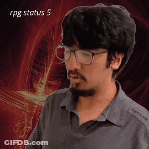 A Man With Glasses And A Beard Is Standing In Front Of A Red Background With The Words Rpg Status 5 On It GIF
