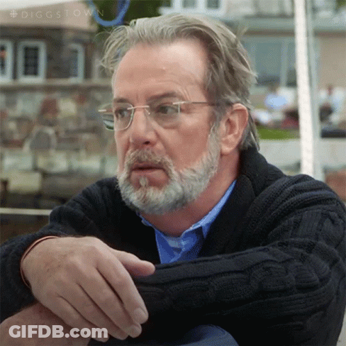 A Man With Glasses And A Beard Is Wearing A Sweater And A Blue Shirt GIF