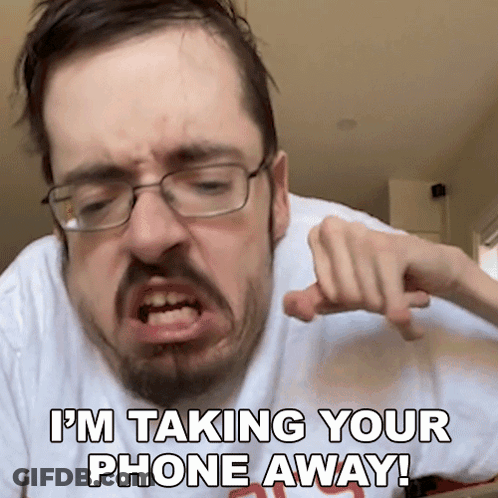 A Man With Glasses And A Beard Says " I 'M Taking Your Phone Away ! " GIF