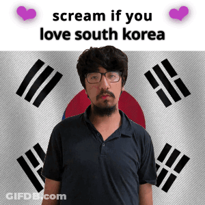 A Man With Glasses And A Beard Stands In Front Of A Korean Flag And Says Scream If You Love South Korea GIF
