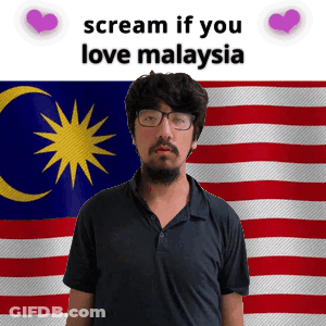 A Man With Glasses And A Beard Stands In Front Of A Malaysia Flag GIF