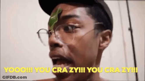 A Man With Glasses And A Green Leaf On His Face Says " You Crazy !!! " GIF