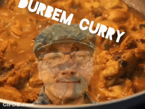 A Man With Glasses And A Hat Is In A Pot Of Curry With The Words Durbem Curry Above Him GIF