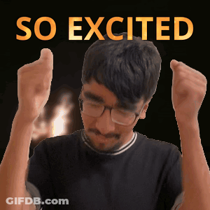 A Man With Glasses And A Mustache Has His Hands In The Air With The Words So Excited Above Him GIF