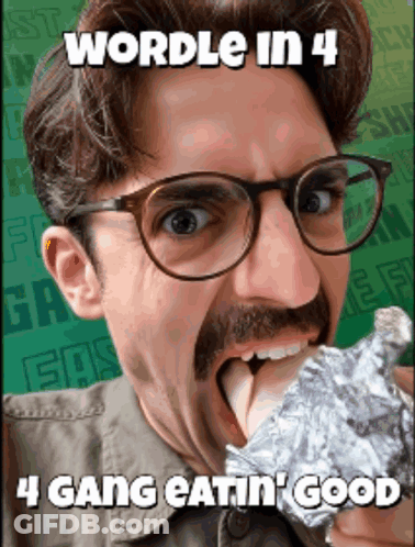 A Man With Glasses And A Mustache Is Eating A Potato Wrapped In Aluminum Foil GIF