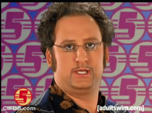 A Man With Glasses And A Mustache Is Standing In Front Of A Pattern Of Circles With The Number 5 On Them GIF