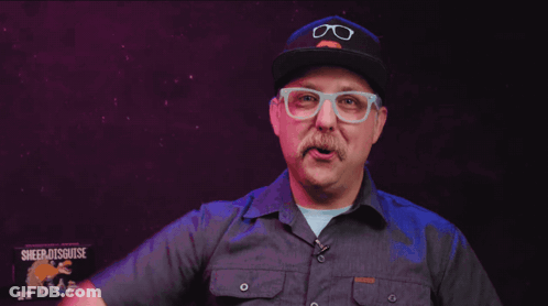 A Man With Glasses And A Mustache Is Wearing A Hat That Says Glasses On It GIF