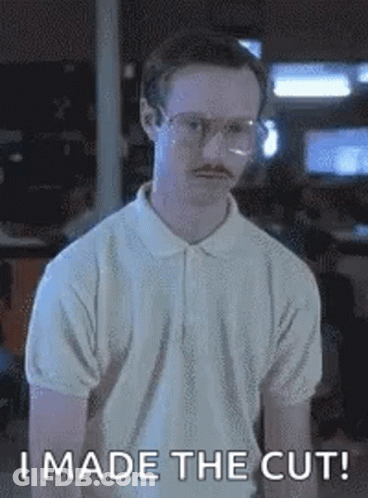 A Man With Glasses And A Mustache Is Wearing A White Polo Shirt And Saying `` I Made The Cut ! '' GIF