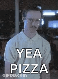 A Man With Glasses And A Mustache Is Wearing A White Shirt And Says Yea Pizza . GIF