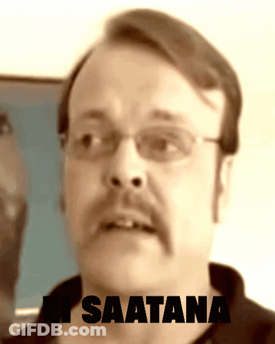 A Man With Glasses And A Mustache Says " Saatana " In Black Letters GIF