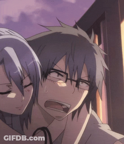 A Man With Glasses And A Woman With Blue Hair Are Hugging GIF