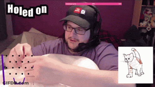 A Man With Glasses And Headphones Is Playing A Game With The Words " Holed On " On The Bottom GIF