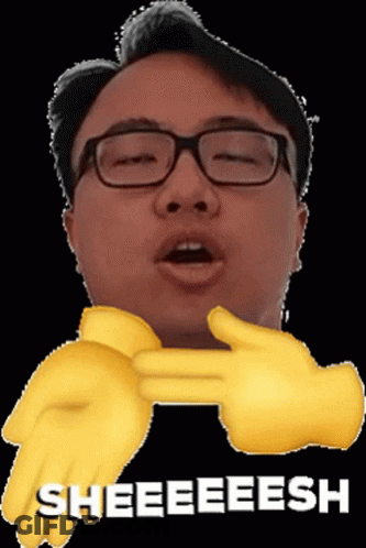 A Man With Glasses And Yellow Hands Says Sheeeeesh On A Black Background GIF