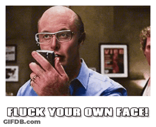 A Man With Glasses Is Holding A Cell Phone In His Mouth And The Caption Says Flick Your Own Face GIF