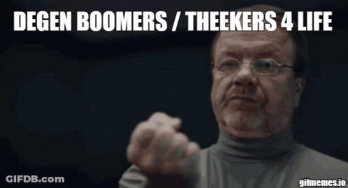 A Man With Glasses Is Pointing At The Camera With The Words Degen Boomers / Theekers 4 Life Above Him GIF
