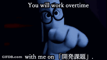 A Man With Glasses Is Pointing At The Camera With The Words " You Will Work Overtime With Me On " GIF