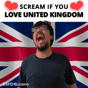 A Man With Glasses Is Screaming In Front Of A British Flag With The Words " Scream If You Love United Kingdom " GIF