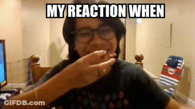 A Man With Glasses Is Sitting On A Bed With A Skateboard In The Background And A Meme That Says `` My Reaction When '' GIF