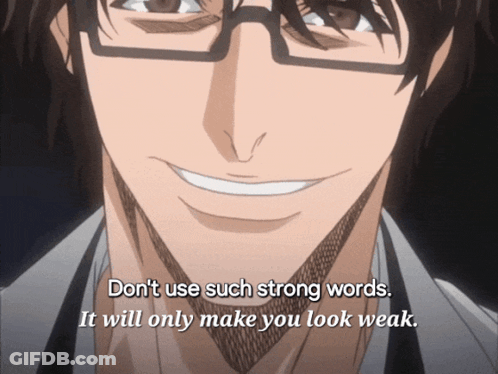 A Man With Glasses Is Smiling And Says " Don 'T Use Such Strong Words " GIF