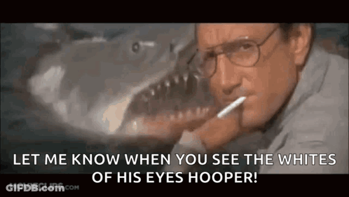 A Man With Glasses Is Smoking A Cigarette In Front Of A Shark In The Water . GIF
