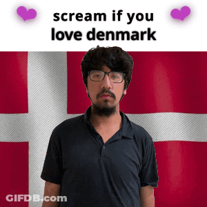A Man With Glasses Is Standing In Front Of A Denmark Flag GIF